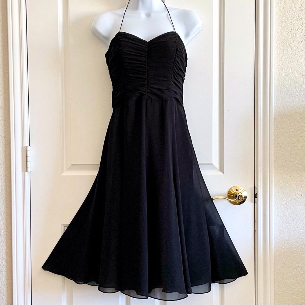Liz Claiborne Black Chiffon Cocktail Dress Ruched Bustier Fit&Flare skirt 💃